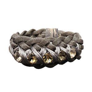 Banana Republic Faceted Crystal Black Mesh Chain Bangle Bracelet Silver Tone